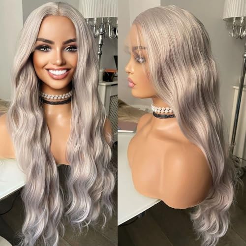 ELESTY Long Wavy Silver Grey Hair Synthetic Lace Front Wigs for Women Loose Curly Free Part Glueless Lace Wigs Gray Heat Resistant Fiber Pre Plucked Natural Hairline Water Wave Wigs Daily Party Use