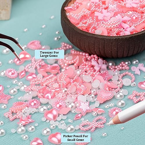 600Pcs 3D Multi Shapes Nail Charms and Flatback Pearls, Light Pink&White Mix Styles Heart Star Bow Sunflower Embellishments for Nail Art, Craft and Decoration with Tweezer and Pickup Pencil