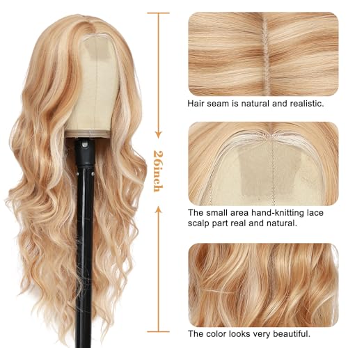 NAYOO Long Mixed Blonde Wavy Wig for Women 26 Inch Middle Part Curly Wavy Wig Natural Looking Synthetic Heat Resistant Fiber Wig for Daily Party Use (Mixed Blonde)