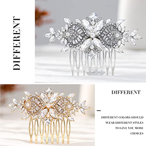 Foyte Crystal Bride Wedding Hair Comb Silver Flower Bridal Headpieces Leaf Hair Pieces Rhinestone Bridesmaid Side Combs Hair Accessories for Women (silver crystal)