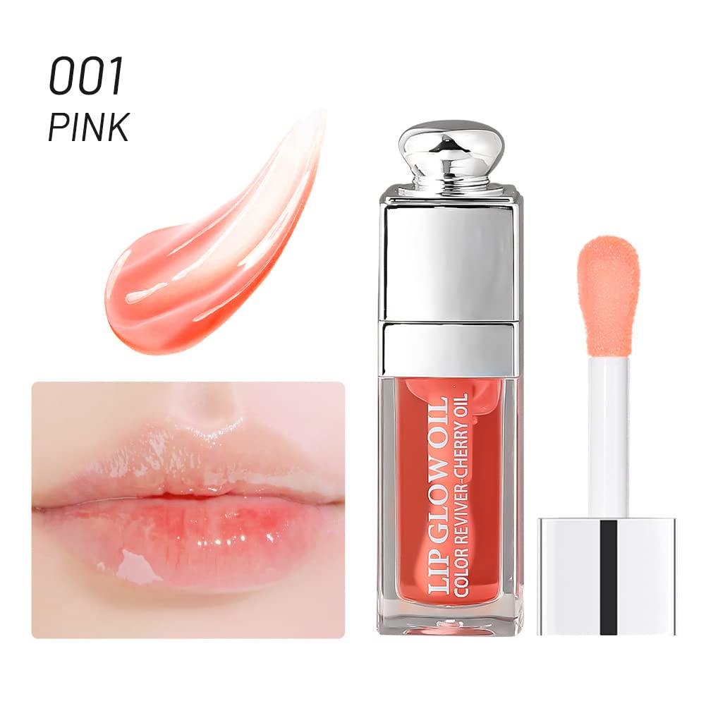 2PCS Hydrating Lip Glow Oil, Lip Oil Gloss Transparent Toot Tinted Nourishing Long Lasting Repairing Lightening Lip Lines (PINK) 0.2 OZ