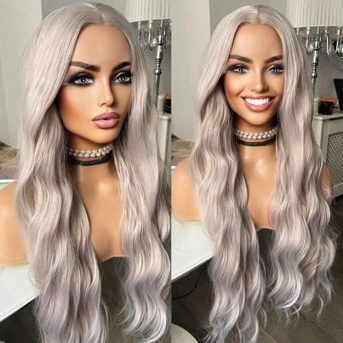 ELESTY Long Wavy Silver Grey Hair Synthetic Lace Front Wigs for Women Loose Curly Free Part Glueless Lace Wigs Gray Heat Resistant Fiber Pre Plucked Natural Hairline Water Wave Wigs Daily Party Use