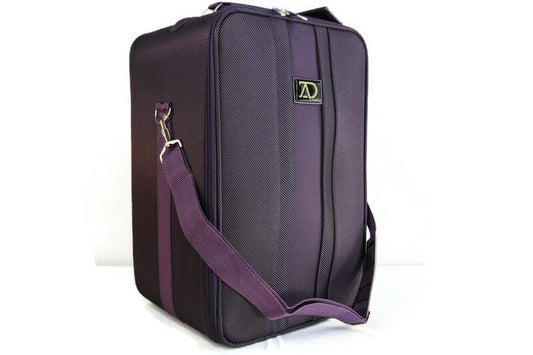 Adolfo Design Medium Wig Travel Box with Top Handle, Shoulder Strap & Double Zipper, Carrying Case with Removable Head-Holding Base - Black & Purple