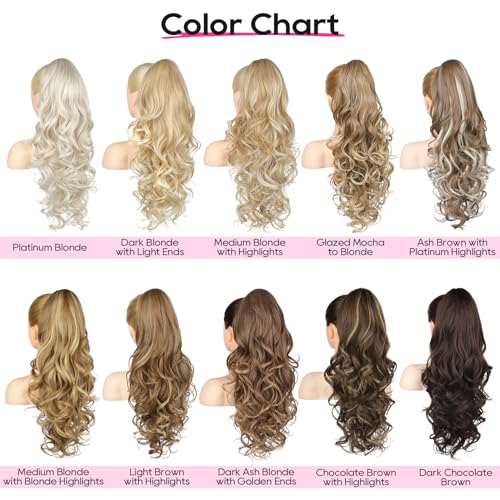REECHO Ponytail Extension, 24" Claw Clip in Long Curly Wavy Ponytail Hair Extension Jaw Clip on Pony Tails Hairpiece for Women - Light Brown with Highlights