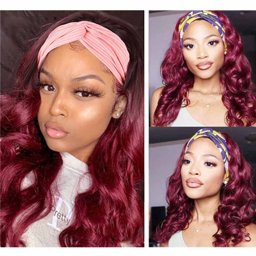 Adette 10A Grade Unprocessed Human Hair Headband Wigs Body Wavy Ombre Dark Red 22 Inch Glueless Wigs for Black Women 180% Density Easy to Wear