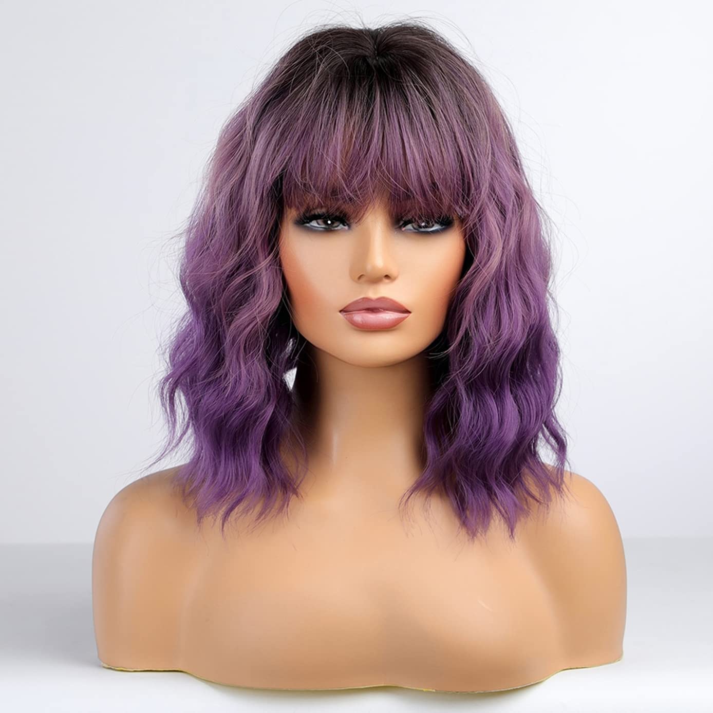 BERON Ombre Purple Short Wigs Curly Bob Wig with Bangs Ombre Color Wavy Hair Wigs Women's Synthetic Wigs Daily Party Use