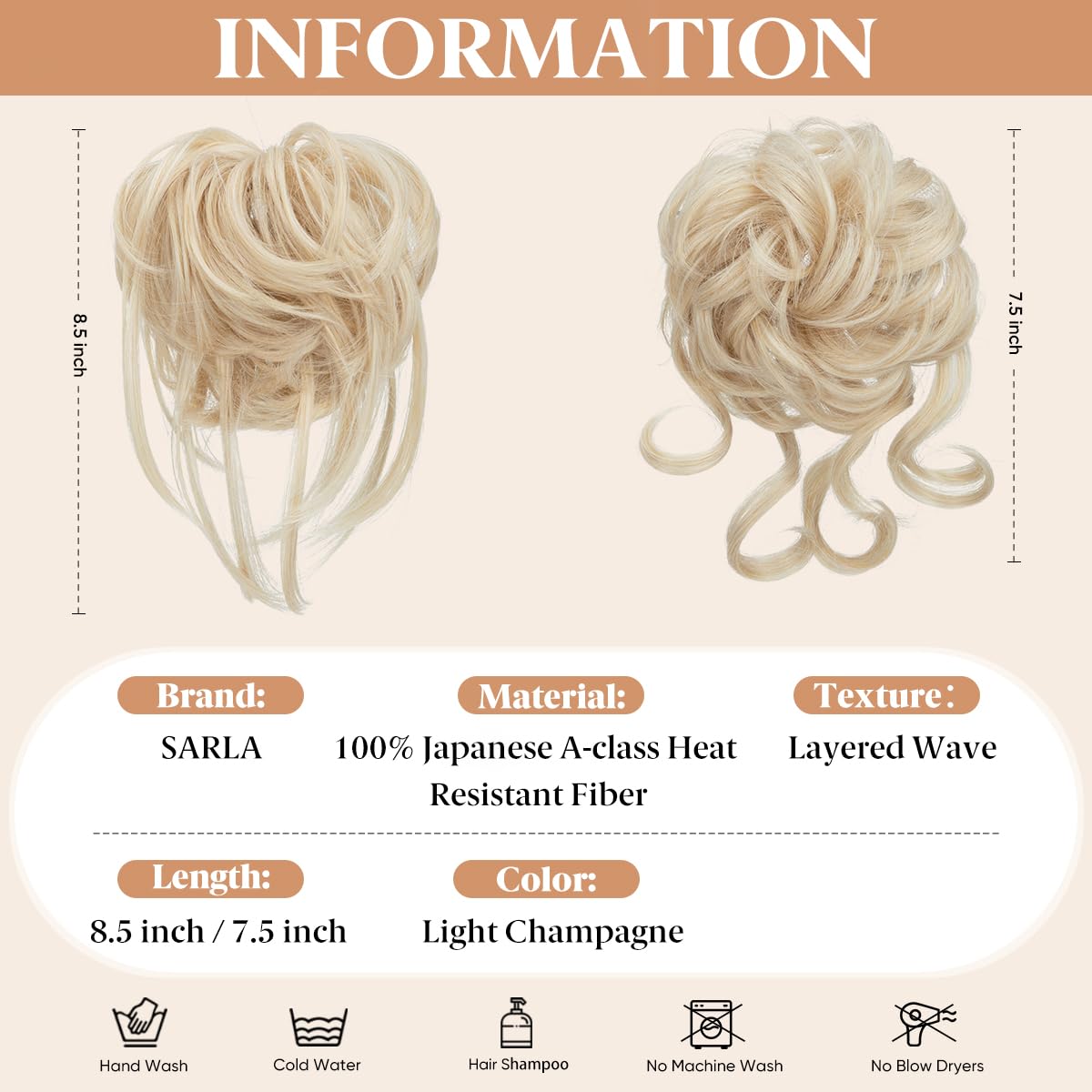 SARLA 2PCS Messy Bun Hair Pieces for Women Detachable Claw Clip Wavy Curly Synthetic Hairpieces for Updos with Tendrils Fake Scrunchies Ponytail Extension Light Champagne