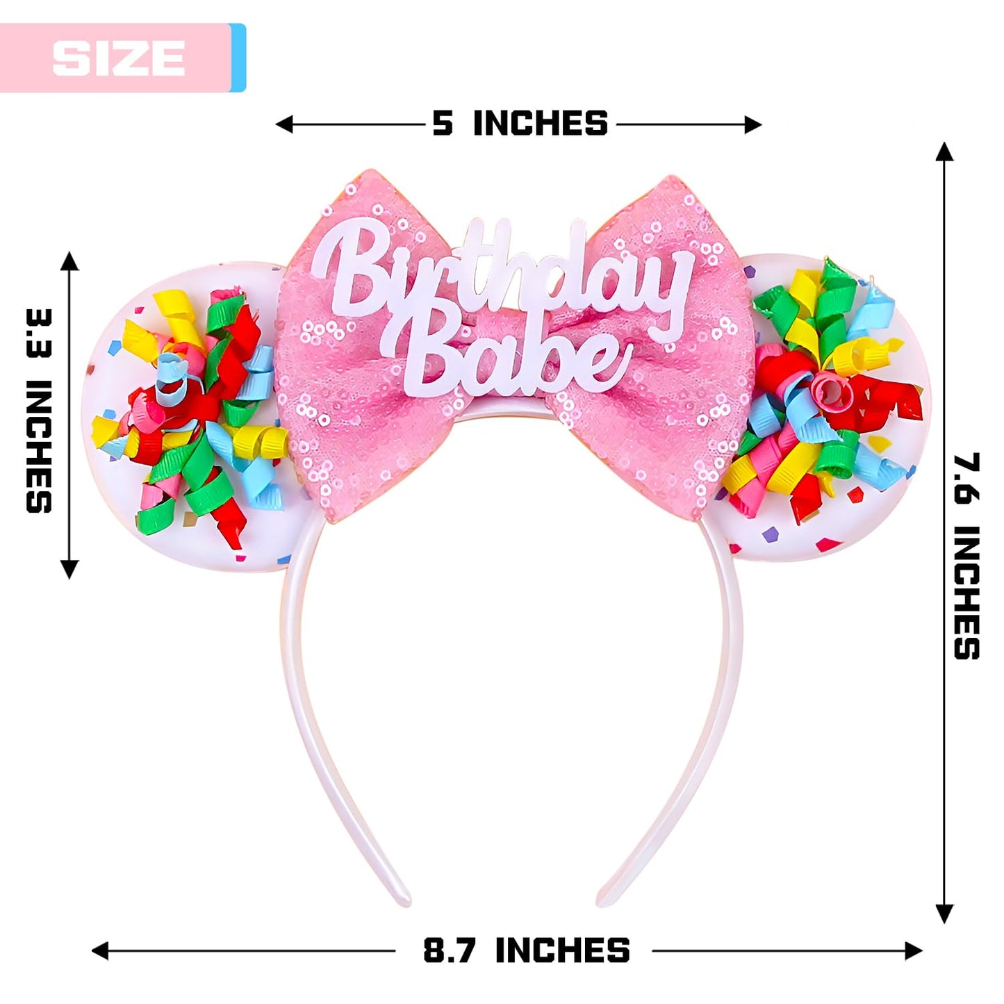 MADO Happy Birthday Mouse Ears Headband - Festive Ears for Women, Kids, Celebrations, Birthdays, and Parks (BD-BABE)