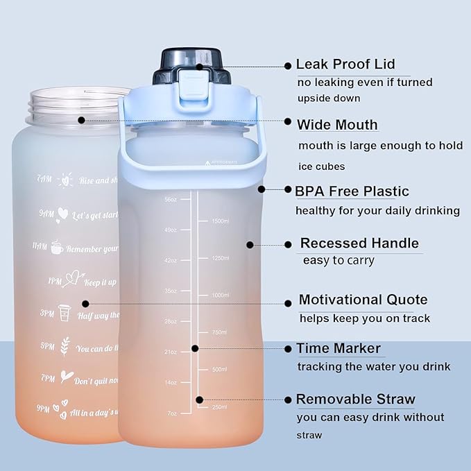 3in1 Motivational Water Bottle with Time Marker, 64oz 32oz 16oz Bottle with Straw, Outdoor,Travel,BPA pink