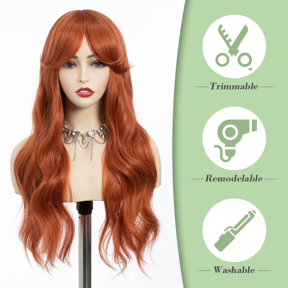 REBECCA STYLE Long Orange Wig with Bangs 24 Inch Long Wavy Wigs with Bangs for Women Synthetic Curly Wigs Hair Replacement Wigs for Girls Daily Party Use Natural Looking (Dark Orange)