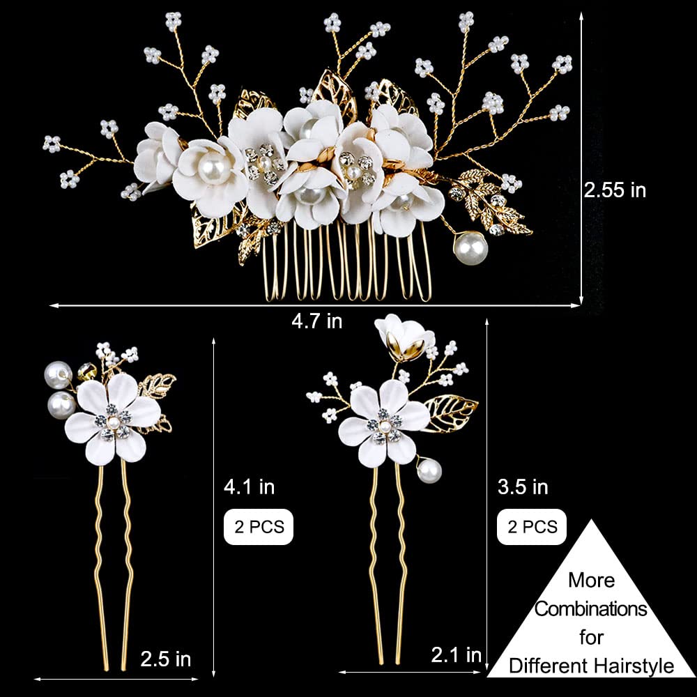 5 PCS Bridal Flower Wedding Hair Pins Crystal Pearl Hair Clips Headpiece Gold Wedding Hair Accessories Jewelry with Rhinestone for Brides Bridesmaids Women Girls Updo (Pure White Flower)