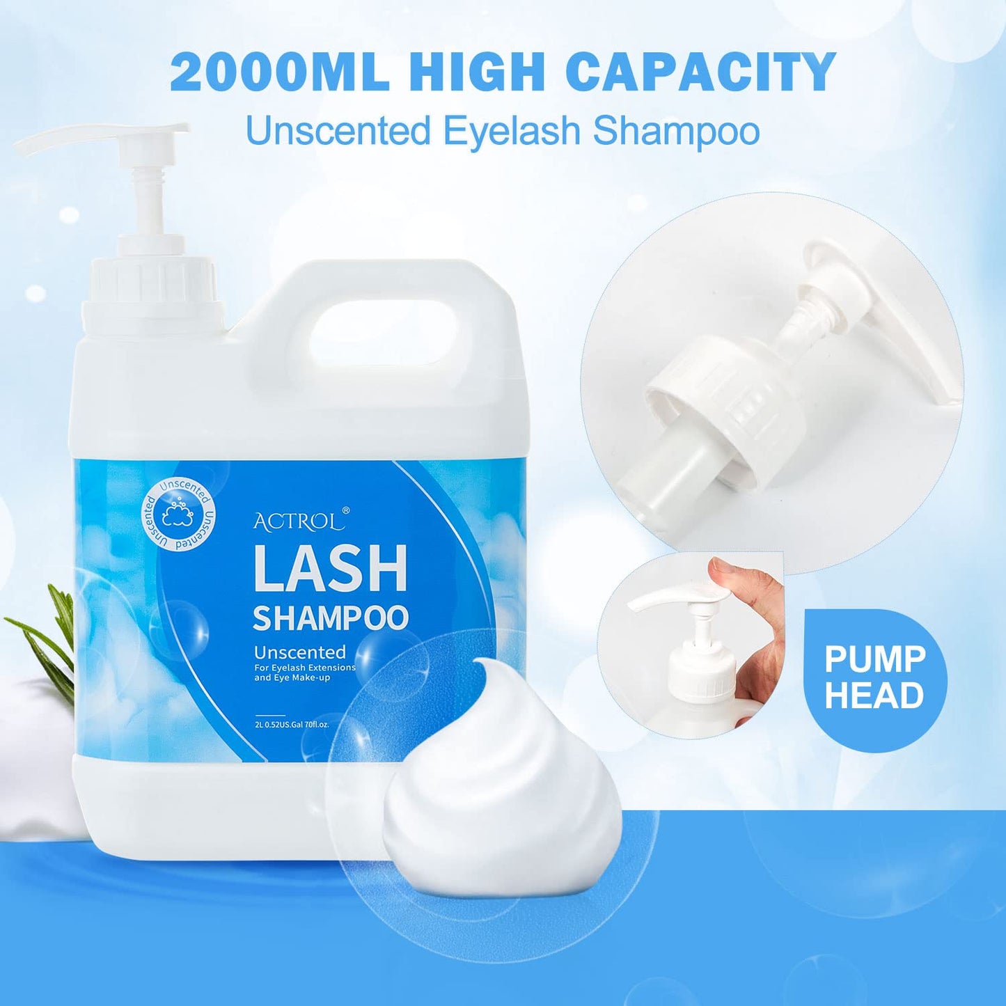 ACTROL Eyelash Extension Cleanser Unscented 2L Natural Lash Extension Shampoo Professional Eyelid Foaming Cleanser Paraben & Sulfate Free Non-lrritating with Salon and Home Care