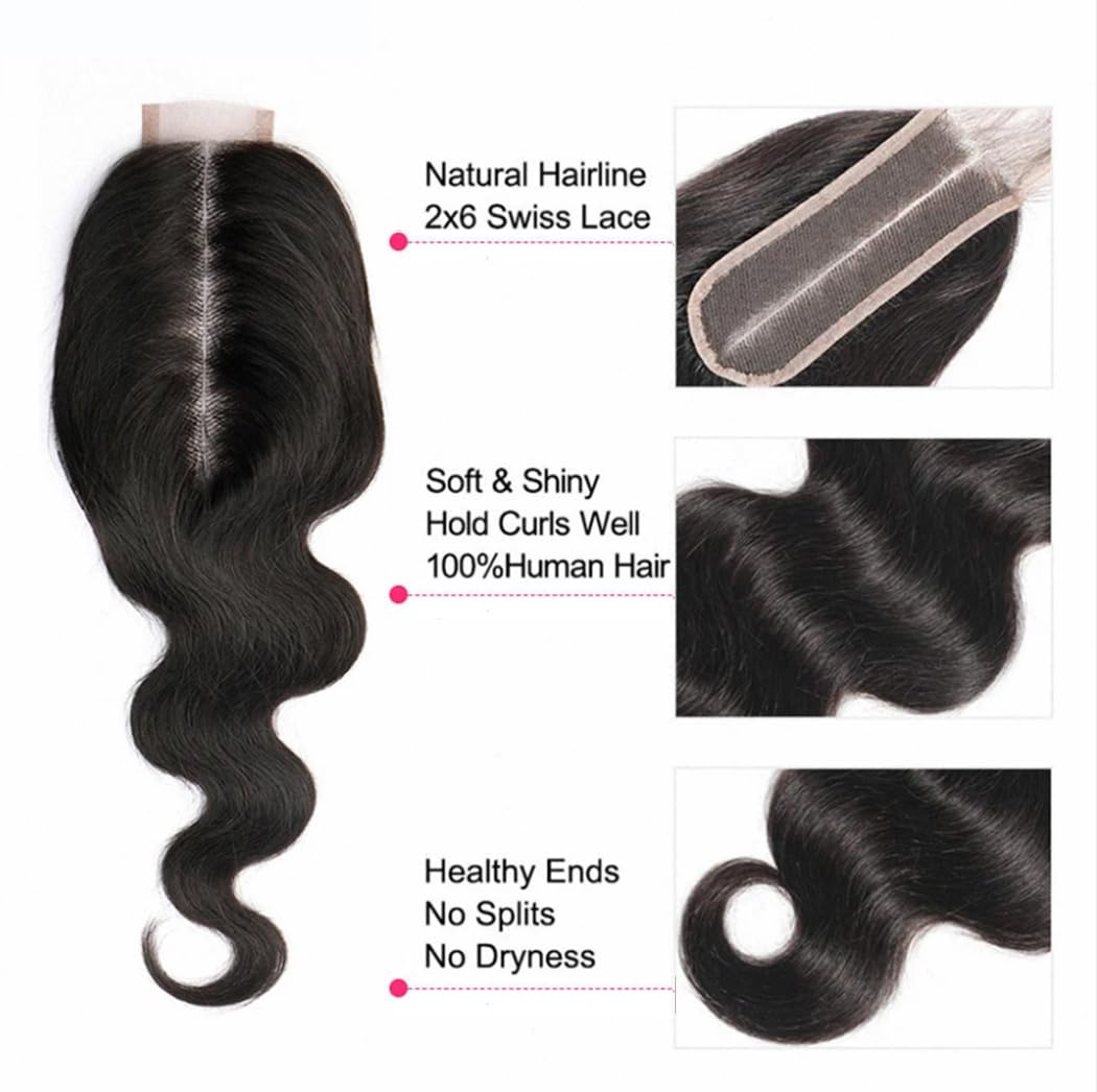 2x6 HD Lace Closure Body Wave Human Hair Lace Closure Kim K Closure Middle Part Closure HD Transparent Body Wave Lace Closure 8 inch