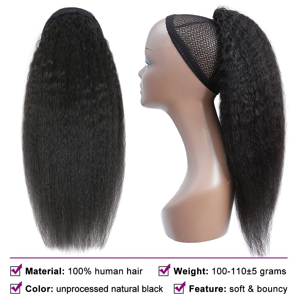 Adette 12 Inch Kinky Straight Human Hair Ponytail Glueless Drawstring Ponytails Extension Yaki Straight Clip in Hair Extensions for Black Women Natural Black Remy Hair