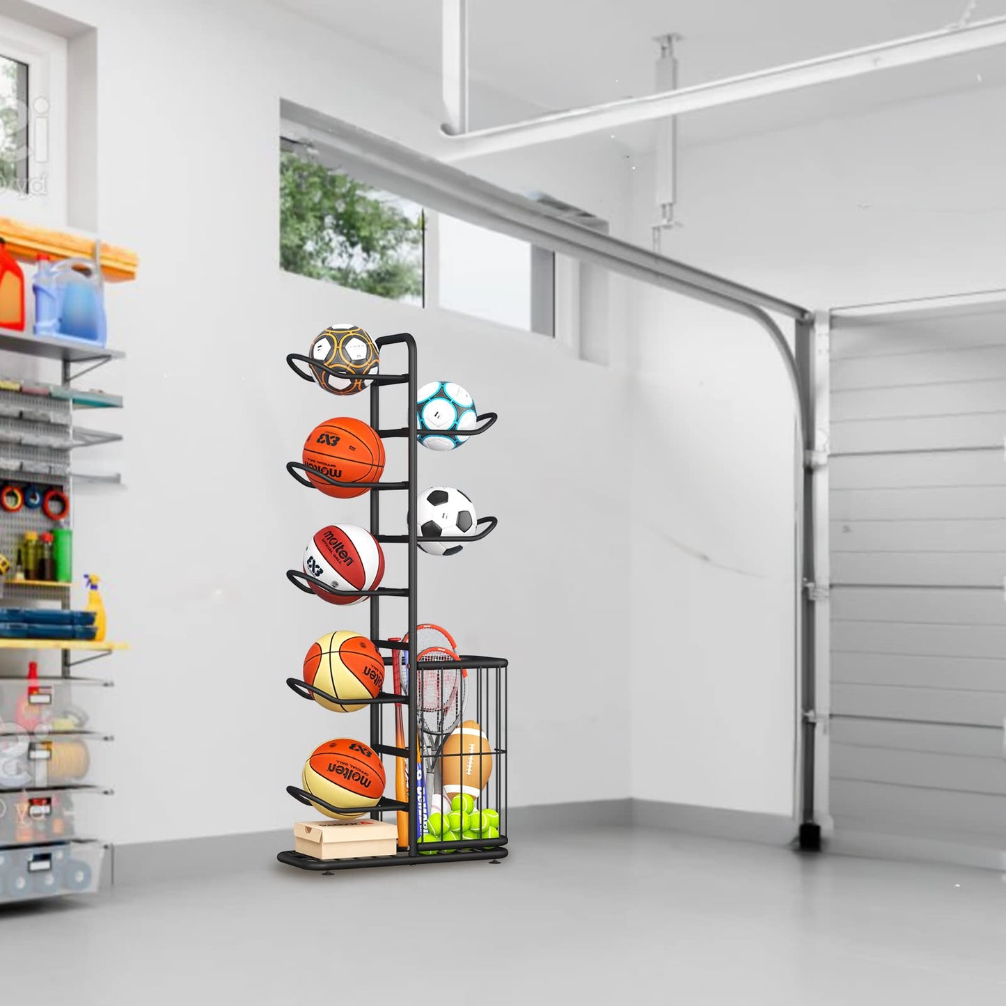 MLUPODY 7-Ball Sports Equipment Storage Rack with Ball Holder and Basketball Rack, Athletic Gear Organizer ball Stand - Organize Toys, Sports Gear and More, 57.5" (Black)