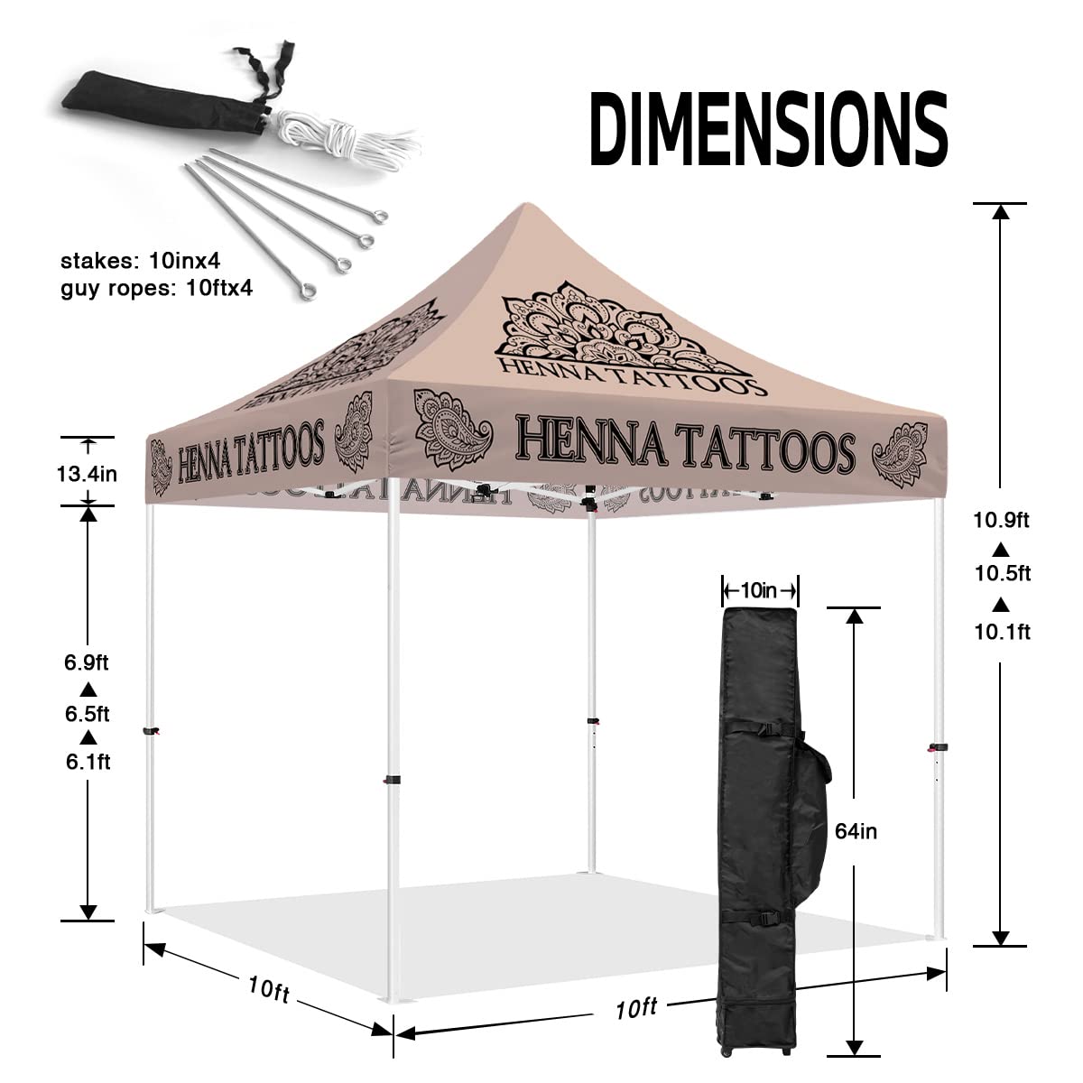 10x10 Henna Tattoo Themed Pop Up Canopy Tent, Dye-Sub Printed Artists Tent for Natural Henna Body Art and Face Painting Heavy Duty with Roller Bag, Back Wall, Sidewalls and Rails