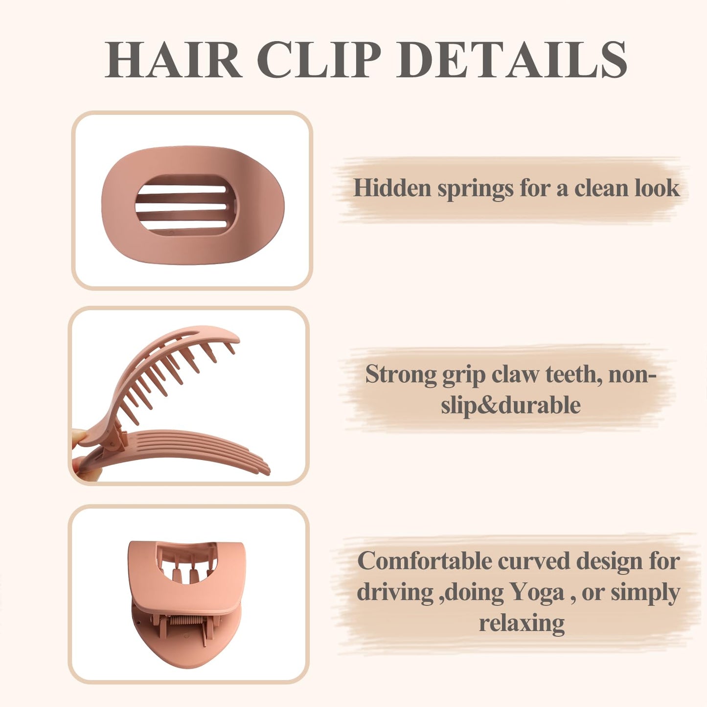 4 PCS Flat Hair Clips, Round Lay Down Hair Claw Clips for Women Girls, French Strong Hold Hair Barrettes for Thick Thin Hair,Comfortable Curved Flat Clips for Lying,Driving and More (Matte)