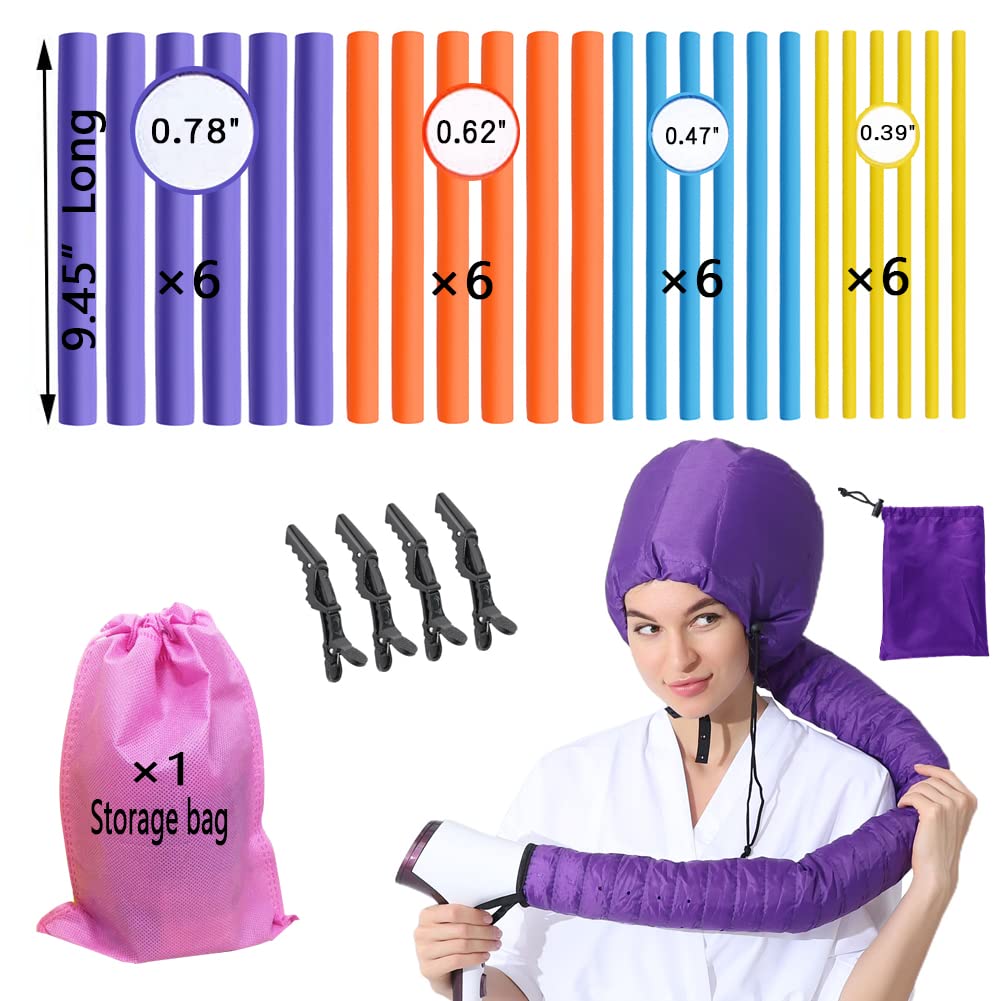 3 in 1 Pack 24 pcs Flexi Soft Hair Curler Rollers Curling Rods with Hair Dryer Bonnet Attachment and 4 Styling Clips (Hair Rollers + Purple Drying Hood)