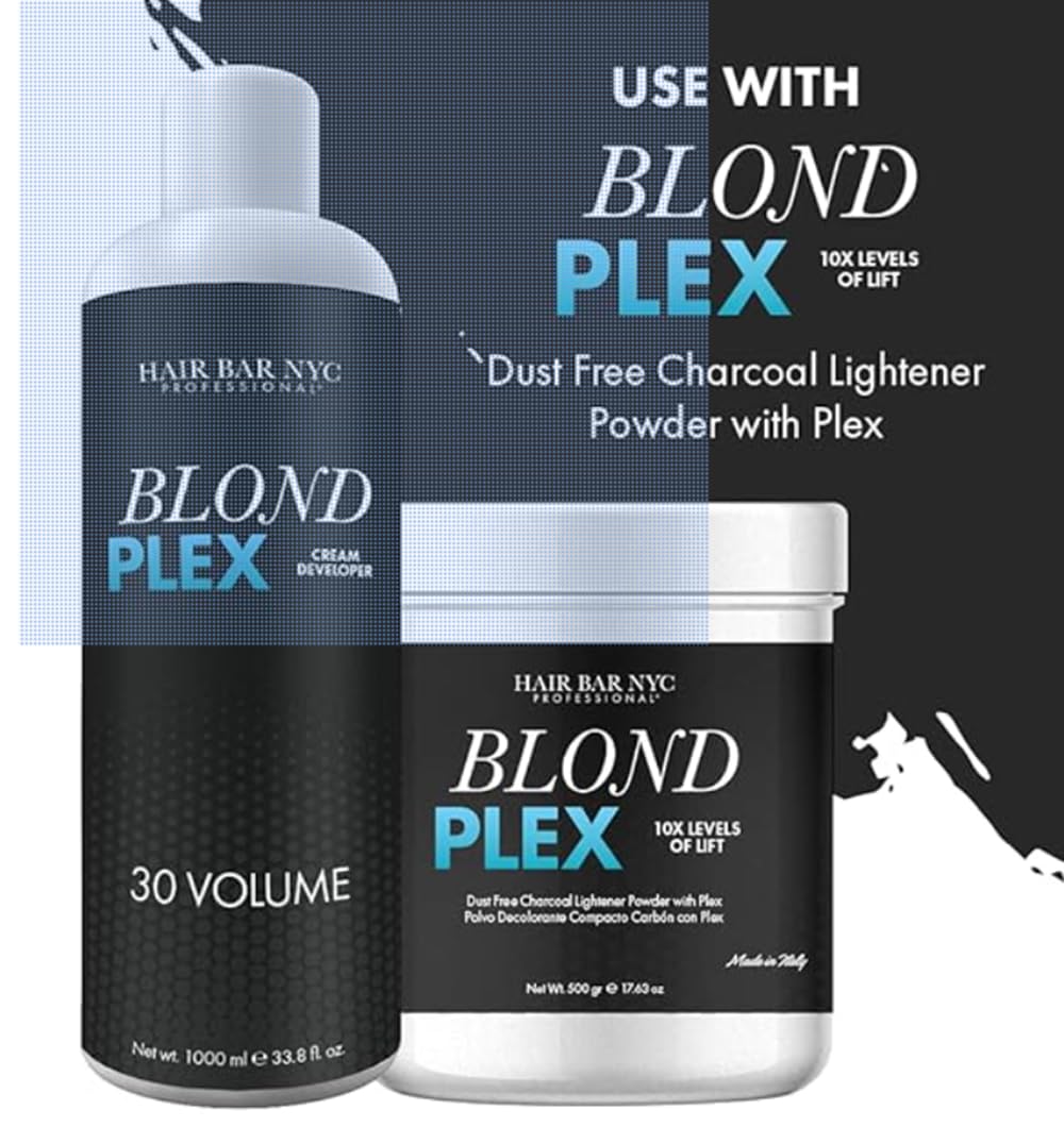 HAIR BAR NYC 30 Volume - Blond Plex Anti-Yellow Porfessional Lightening System for Charcoal Hair Bleach - Violet Peroxide Developer with Plex, Reduce Brassy, Eliminates Orange Tones 33.8oz/1lt