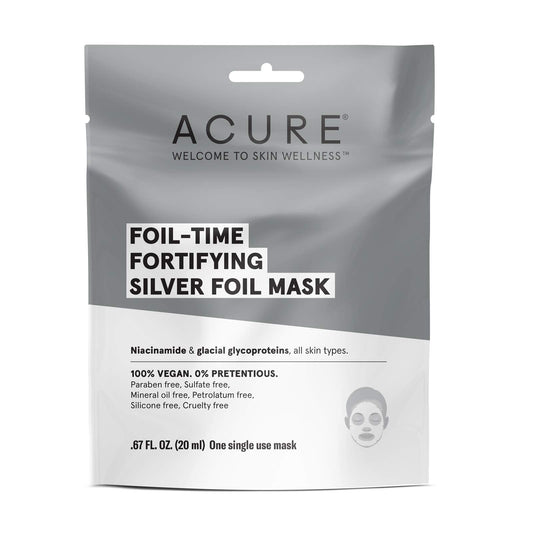 Acure Foil-Time Fortifying Silver Mask | 100% Vegan | Traps Heat to Open Pores For Superior Serum Delivery | Niacinamide & Glacial Glycoproteins - For Rejuvenated & Refreshed Apprearance | 1 Count (ACO02146)