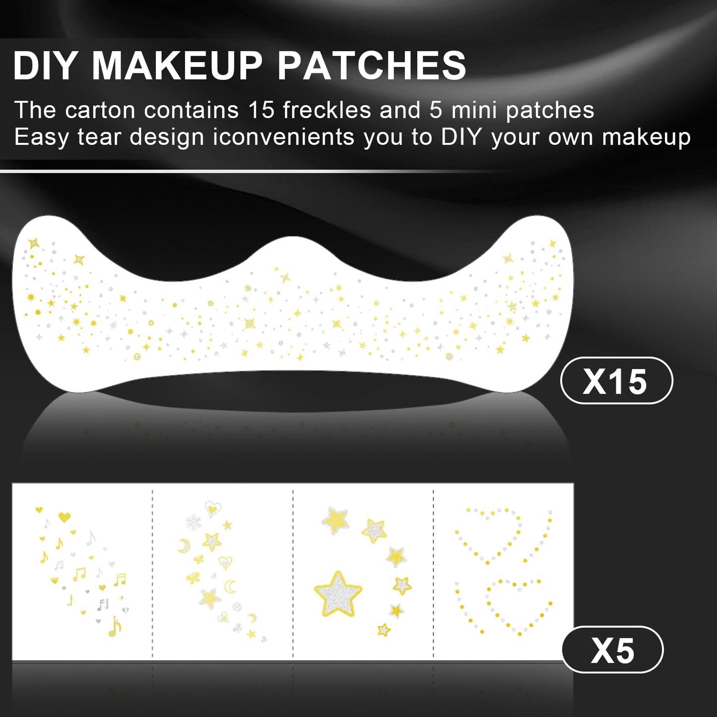 20 Pcs Dual-tone Face Makeup Patches, Gold-silver Glitter Freckles, Glitter Freckles Face Tattoo, Waterproof Face Sparkle Freckles, Long-Lasting 48h Freckles for Women (Gold-silver)