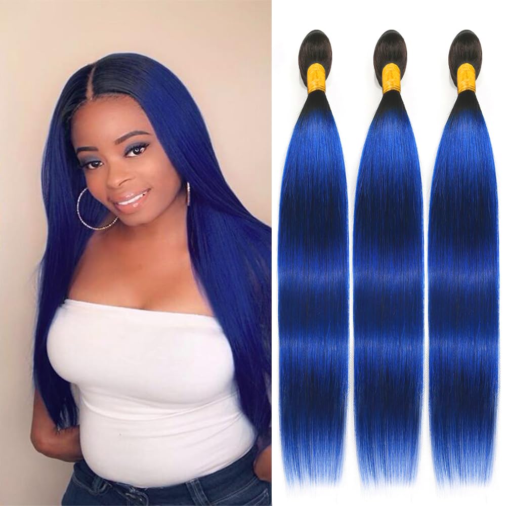 1B/Blue Straight Bundles Blue Human Hair Bundles Ombre Two Tone Black Roots to Blue Bundles Human Hair Weave Double Weft Brazilian Hair Wet and Wavy Bundles Silky Soft for Black Women 22 24 26 inch