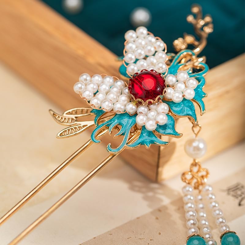 Rabithenn Burning Blue Branches with Butterfly and Pearl Tassels Chinese Hanfu Hair Clip Hair Accessories for Women Girls Long Hair (Burning Blue Branches)
