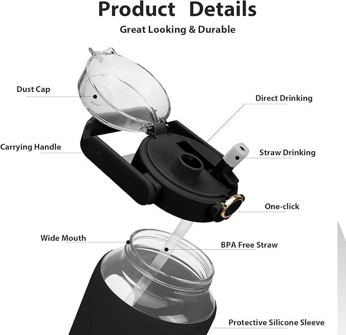 64oz Glass Water Bolttles with Straw,Motivational Half Gallon Water Bottle with Time Marker & Silicone Sleeve, Leakproof & BPA Free Reusable Clear Glass Water Jug for Gym Workout (Green)