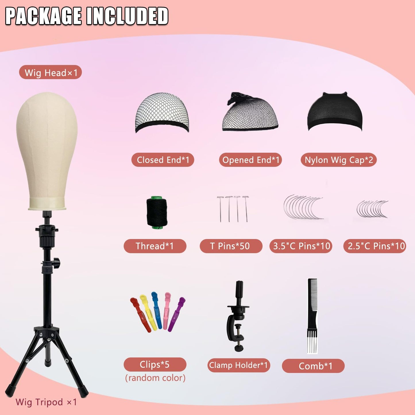 22 Inch Wig Head (White), Wig Stand Tripod with Heads, Canvas Block Head Mannequin Head Stand Wigs Display Styling Head With Mount Hole, Manikin Canvas Head Block Set for Wigs Making Display with Wig Caps, T Pins C Pins Set Bristle Brush