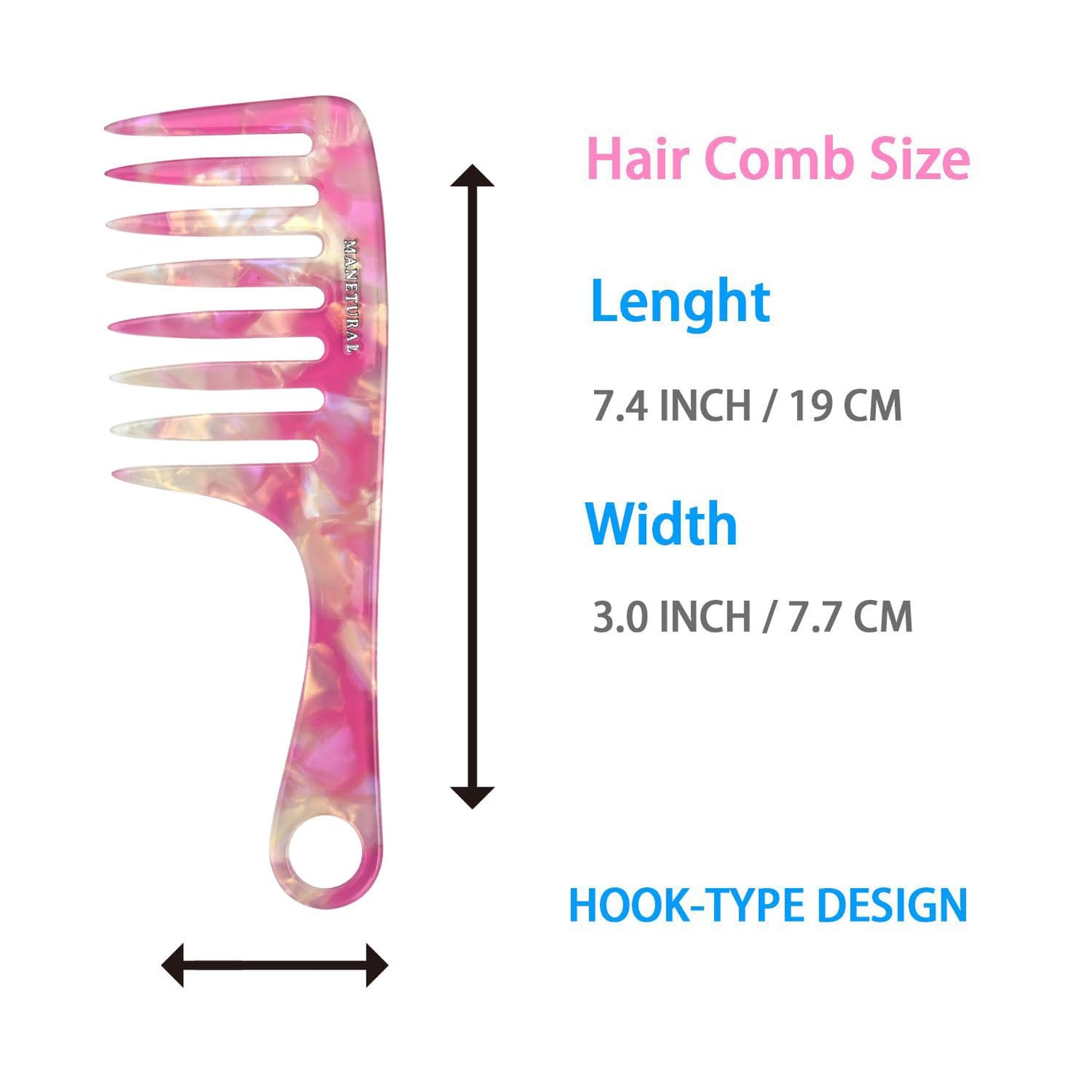 MANETURAL D1 | wide tooth comb 7.4"for easy portability. Suitable for Women's/girl curly, curly and tight hair, the short handle design is easy to carry. Acetate comb (Pink B)