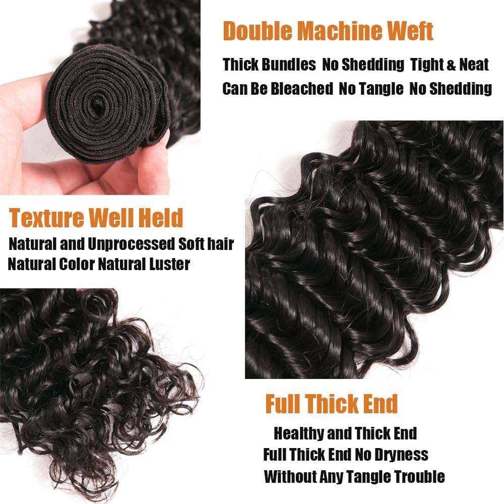 12A Deep Wave Human Hair Bundles Brazilian Bundles Human Hair Deep Wave 4 Bundles 100% Unprocessed Virgin Deep Wave Wet And Wavy Human Hair Weave Bundles Human Hair For Black Woman 12 14 16 18 Inch