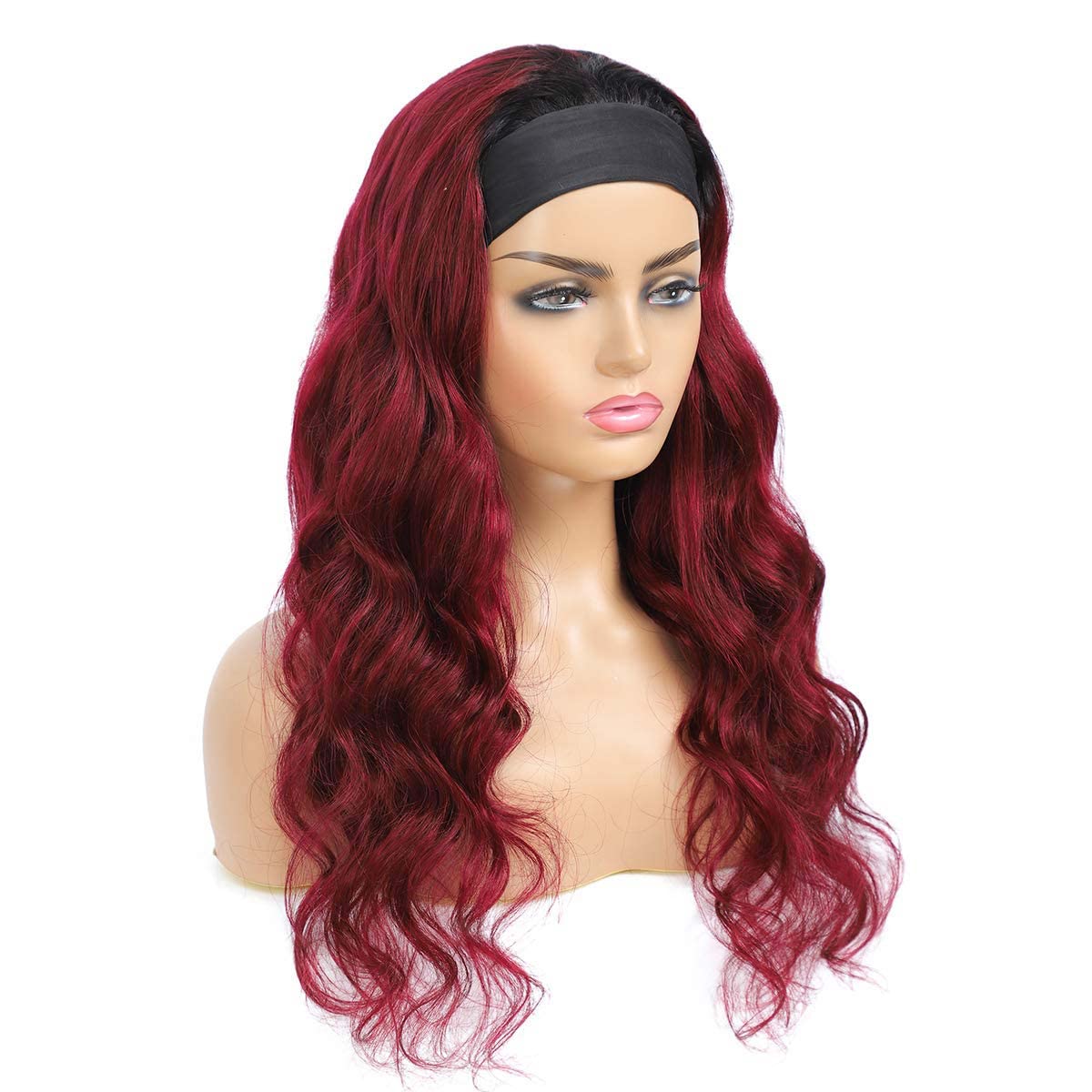 Adette 10A Grade Unprocessed Human Hair Headband Wigs Body Wavy Ombre Dark Red 22 Inch Glueless Wigs for Black Women 180% Density Easy to Wear