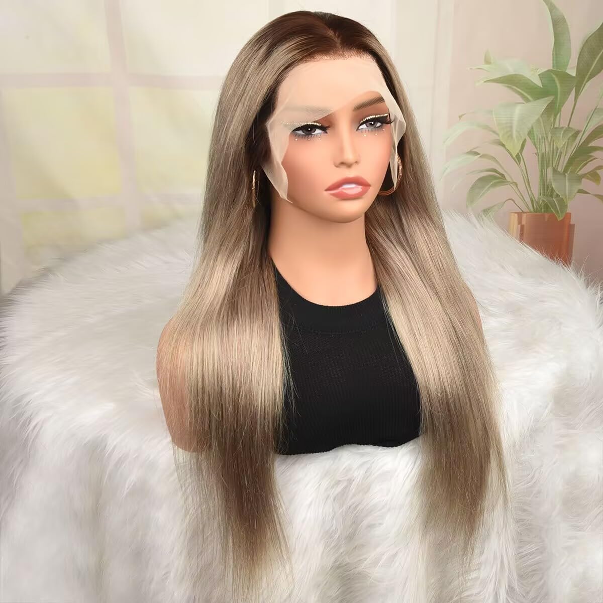 200% Density Ash Blonde Straight Lace Front Wigs for Black Women Pre Plucked Ash Blonde Wig Human Hair 13x4 Transparent Lace Front Wigs Human Hair Dark Brown Roots Platinum HD Lace Frontal Wig 24 Inch