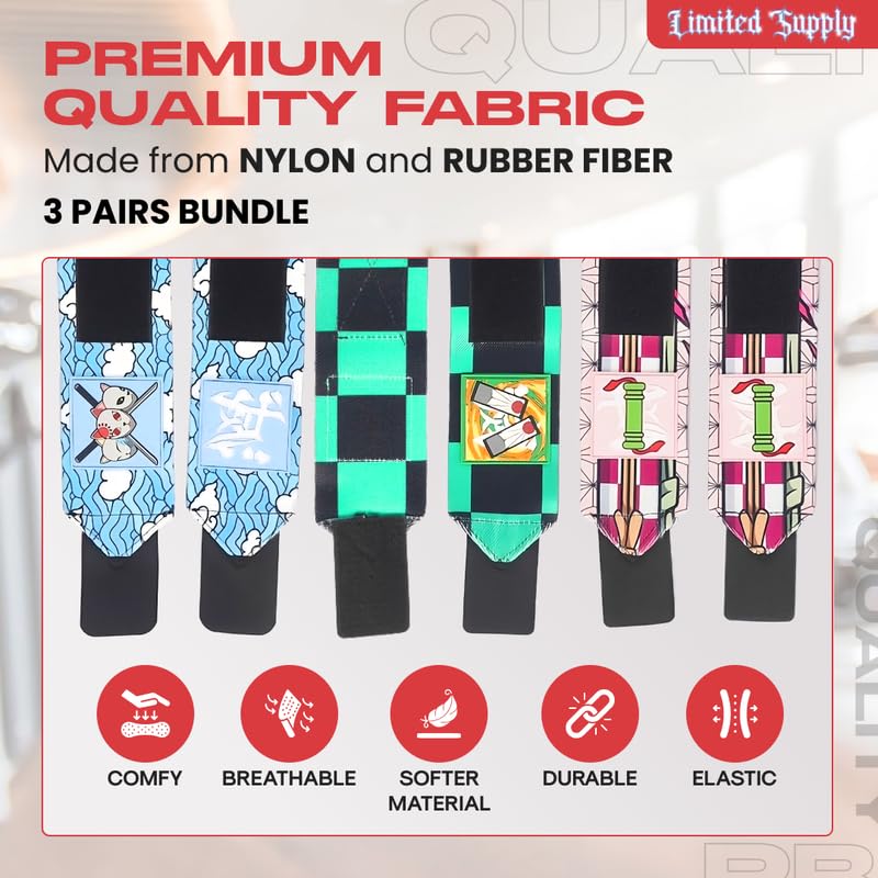 CROWN Anime Wrist Wraps 3 Pairs Bundle - 24" Lifting Straps for Men and Women - Gym Accessories Support Weightlifting, Powerlifting, Strength Training, Workout (Trinity A)