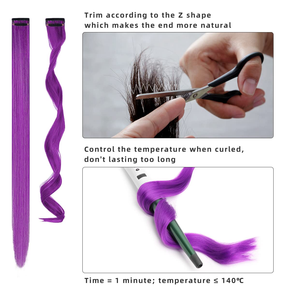 12 PCS Colored Clip in Hair Extensions, BEAHOT 22 Inch Rainbow Long Straight Hairpieces Clip in Synthetic, Halloween Cosplay Dress Up Fashion Party Christmas New Year Gift for Women Kids Girls, Purple