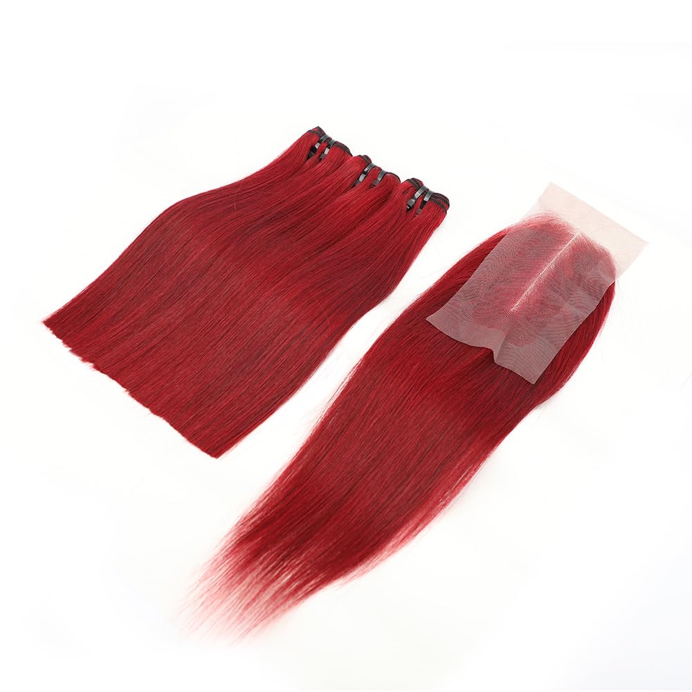 99j Bone Straight Vietnam Virgin Human Hair 3 Bundles with Kim K 2 * 6 Closure, Best Raw Hair 15A Hair Extension Burgundy, 100% Unprocessed Premium Raw Hair for Black Women (8''8''8'' + 8'')