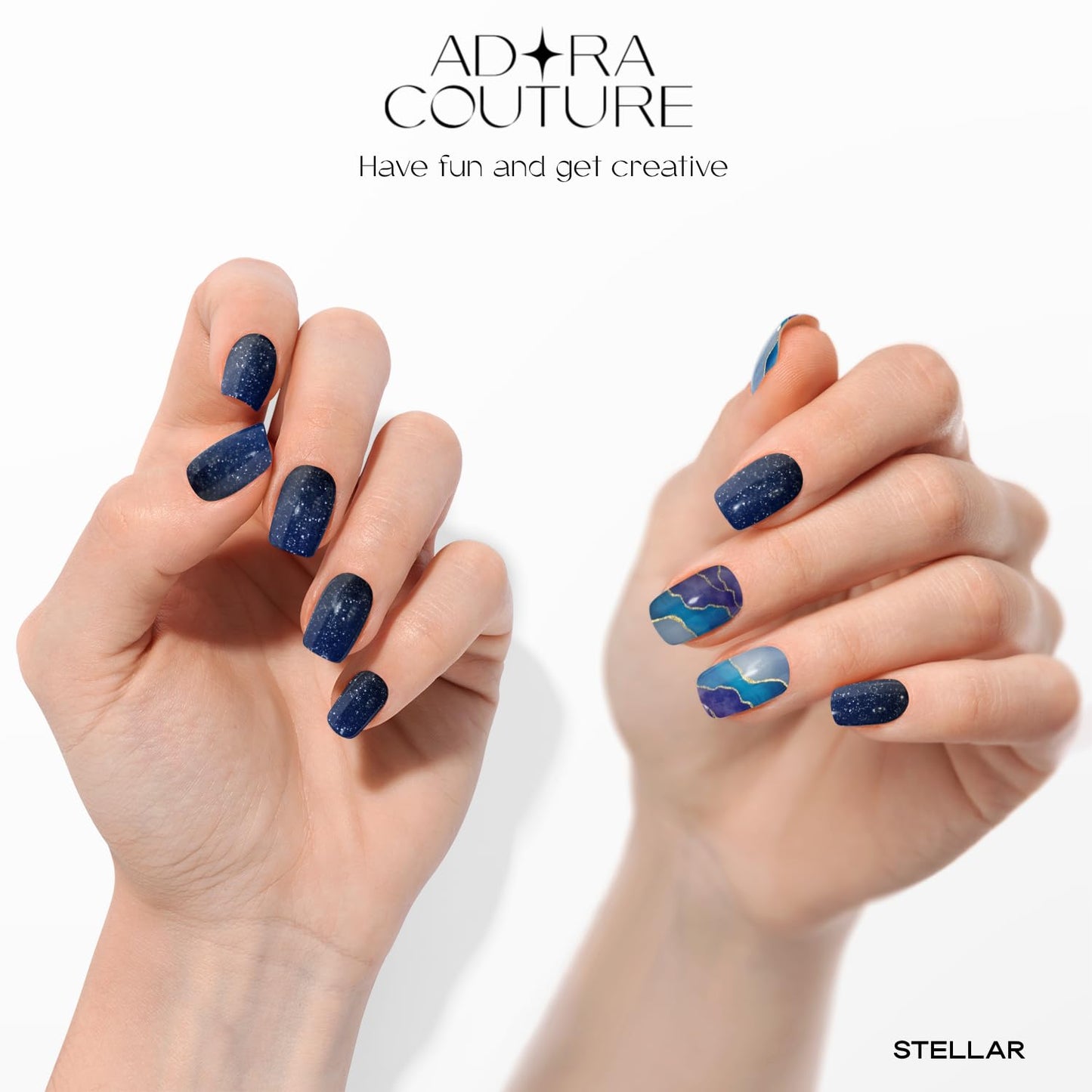 Adora Couture Semi Cured Gel Nail Strips with 30 Pieces, Salon Quality Nail Wraps for Women, Glossy Blue Purple Pattern with Glitter UV Gel Nail Stickers, UV Light Required, Stellar