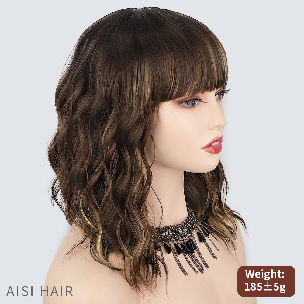 AISI HAIR Synthetic Curly Bob Wig with Bangs Natural Brown with Blonde Highlight Short Wavy Hair for Women Natural Looking Heat Resistant Bob Wigs