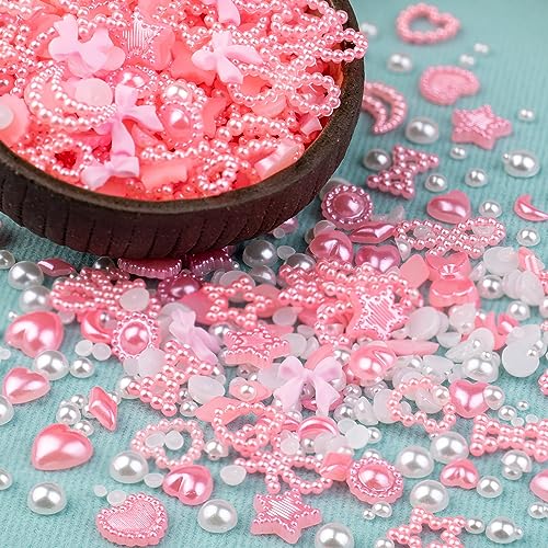 600Pcs 3D Multi Shapes Nail Charms and Flatback Pearls, Light Pink&White Mix Styles Heart Star Bow Sunflower Embellishments for Nail Art, Craft and Decoration with Tweezer and Pickup Pencil