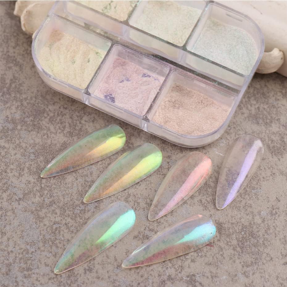 6 Colors Mirror Laser Aurora Chrome Powder for Nails,Nail Glitter Nail Powder, Chameleon Powder Chrome Iridescent Pigment Nail Art Glitters(6 grids)