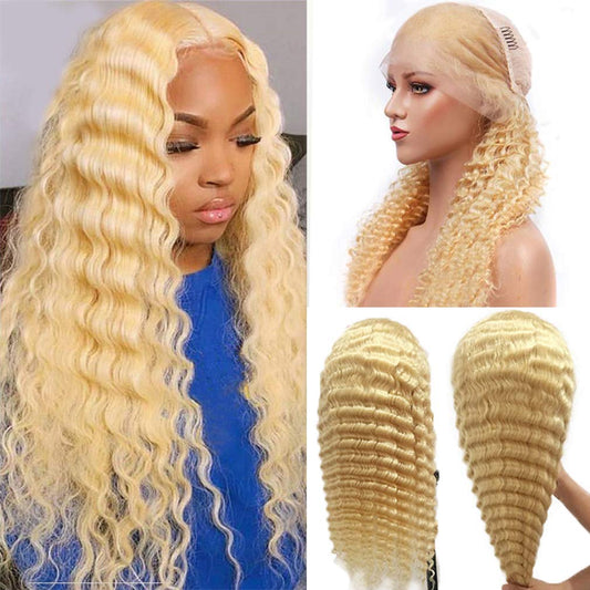 613 Human Hair Wig Deep Wave 13x6 HD Transparent Lace Frontal Wigs for Women Deep Parting Pre Plucked 613 Blonde Wig with Baby Hair 150% Density 20 Inch Curly Glueless Brazilian Virgin Hair