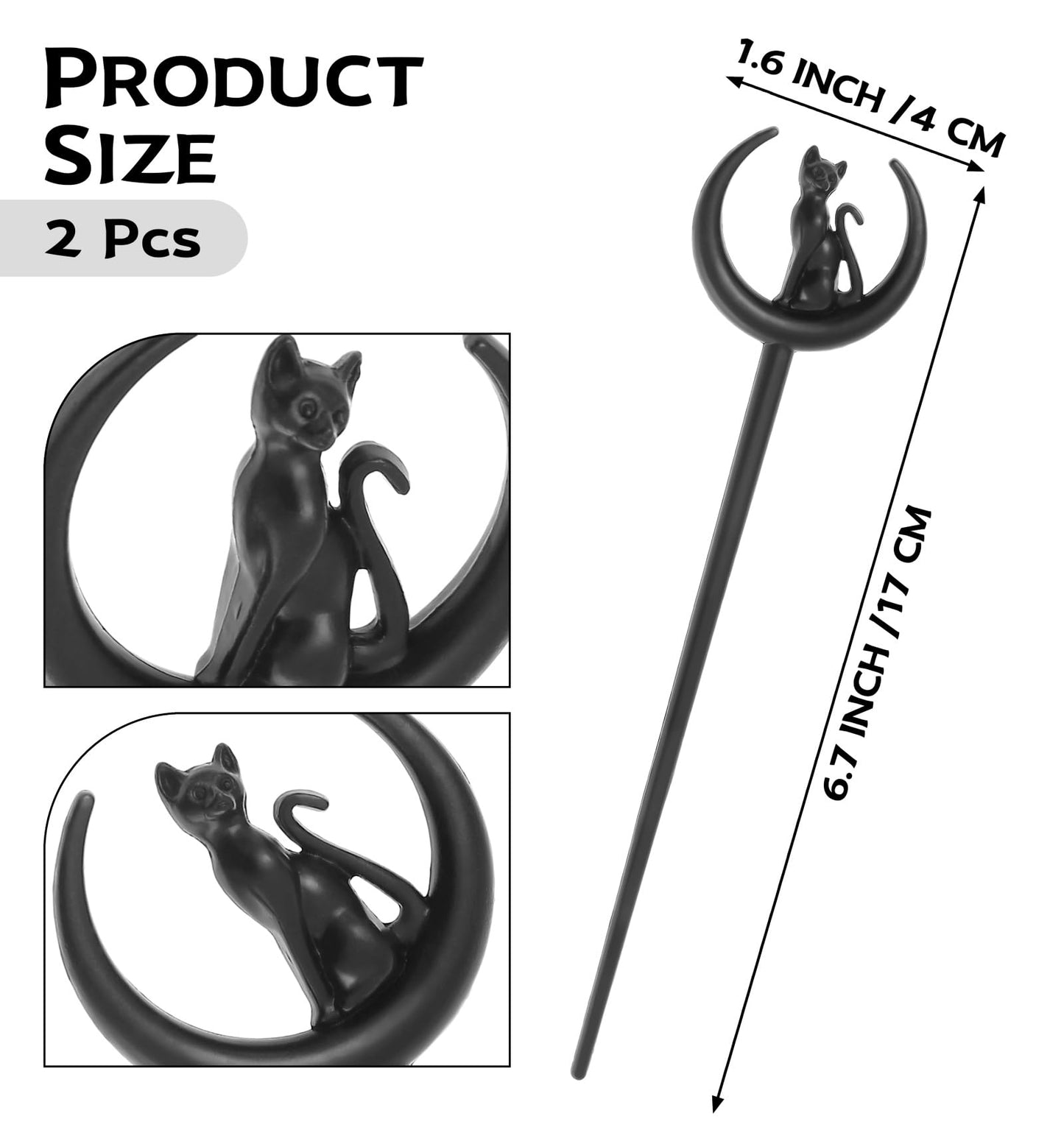 2pcs Cat Moon Hair Styling Pins Black Wicca Witch Hair Slide Renaissance Festival Hair Acceossories for Women Hair Stick