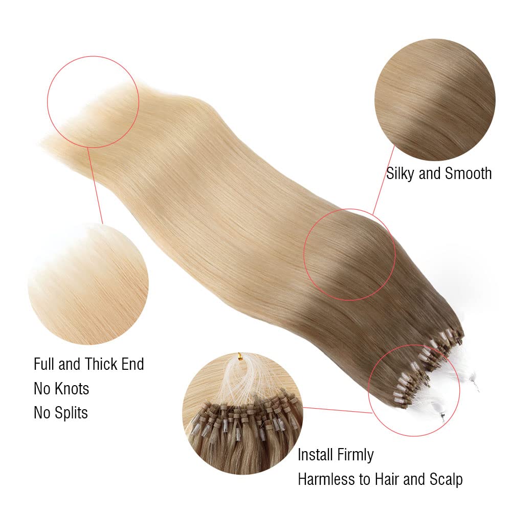 ABH AmazingBeauty Hair Micro Links Hair Extensions Human Hair 24 Inch Ash Brown Ombre Platinum Blonde Hair Extensions Micro Ring Ombre Blonde 50G 50S Micro Loop Hair Extensions Balayage Blonde