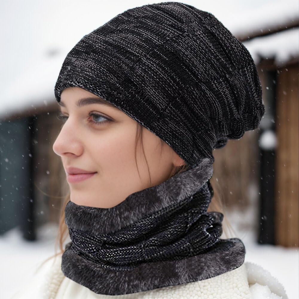 ABUDDER 6 Pieces Winter Beanie Hat Gloves Scarf Set for Men Women,Knit Fleece Lined Winter Hat Touchscreen Gloves Neck Warmer Set for Cold Weather