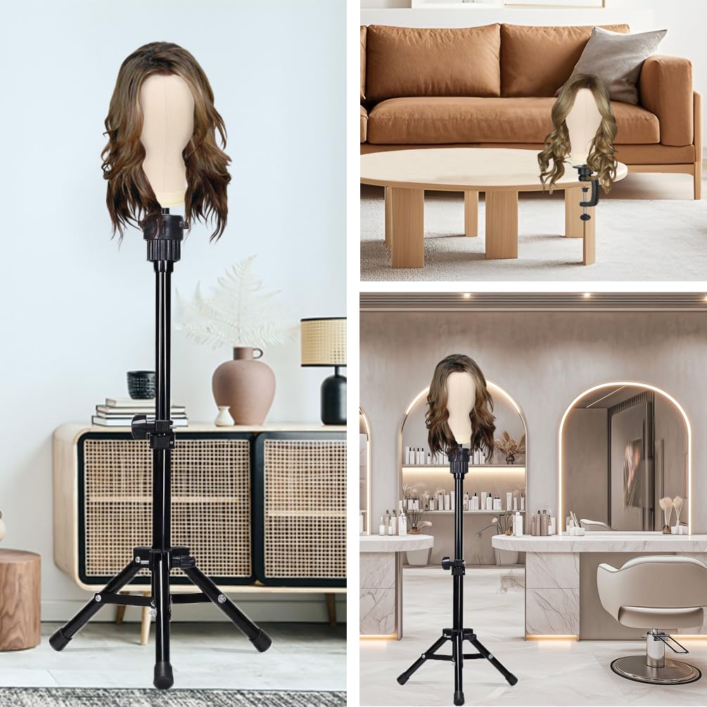 22 Inch Wig Head (White), Wig Stand Tripod with Heads, Canvas Block Head Mannequin Head Stand Wigs Display Styling Head With Mount Hole, Manikin Canvas Head Block Set for Wigs Making Display with Wig Caps, T Pins C Pins Set Bristle Brush