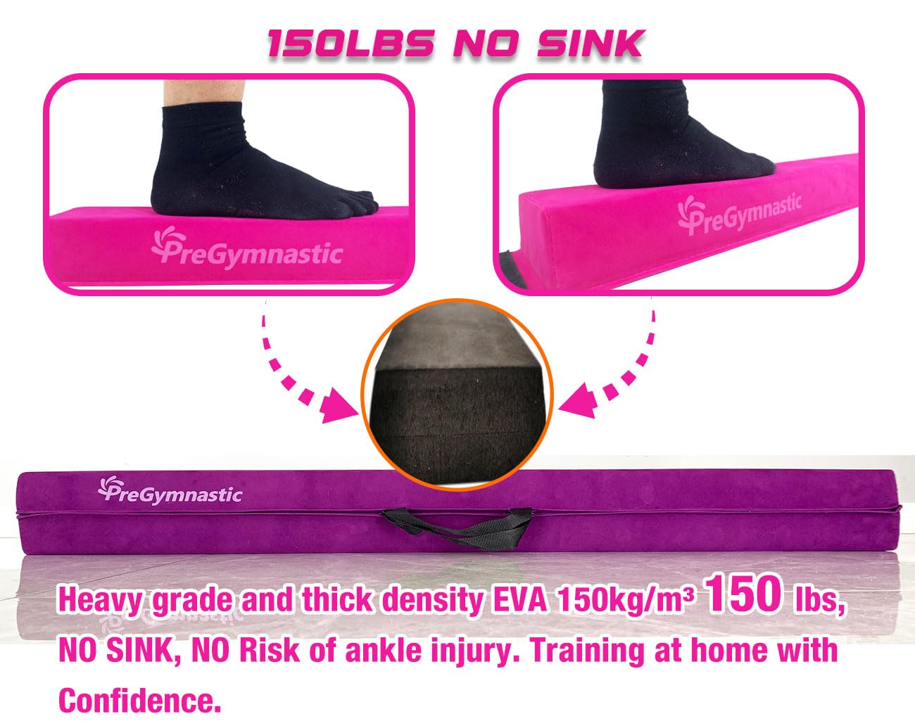 PreGymnastic 6FT/8FT/9.5FT Folding Balance Beam for Kids 3-12,Foldable Gymnastics Floor Beam-Extra Firm Suede Cover with Carry Bag for Home-Gym Equipment for Toddler Teenage (Pink, 8ft)