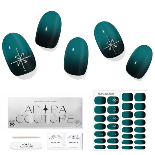 Adora Couture Semi Cured Gel Nail Strips with 30 Pieces, Salon Quality Nail Wraps for Women, Emeral Pattern & Ombre Green UV Gel Nail Stickers, UV Light Required, Emerald Envy
