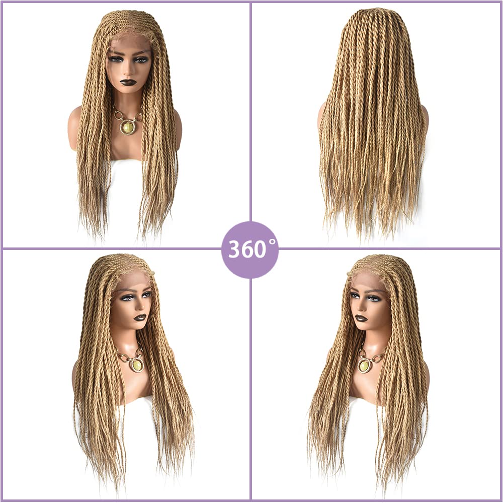 5.5X3.5 Swiss Lace Front Lightweight Twist Braids Wigs Micro Cornrow Half Box Heat Friendly African Hair Natural Look with Baby Hair Hand-made Braided for Black Women 31" (#27/613M Blonde)