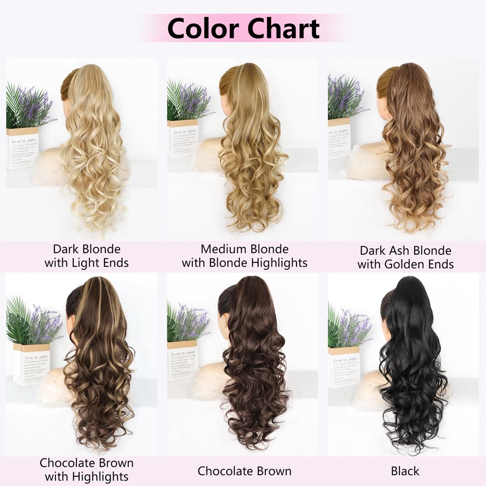 ALXNAN Ponytail Extension,24 Inch Claw Ponytail Hair Extensions for Women,Claw Clip in Long Wavy Synthetic Dark Ash Blonde with Golden Ends Ponytail Extension for Daily Use.