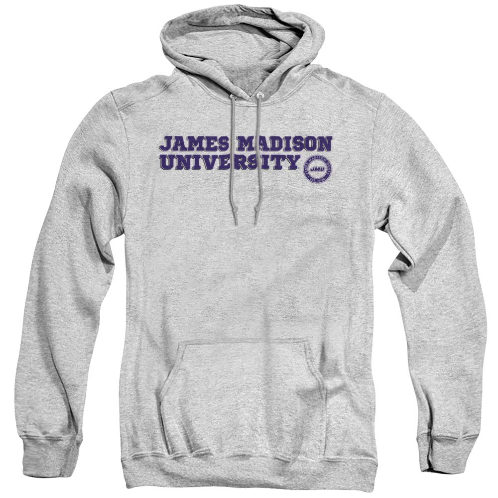 James Madison University JMU Official Block Text Unisex Adult Pull-Over Hoodie,Athletic Heather, Large